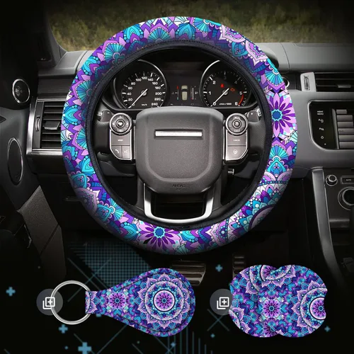 Miniatura 10 de Zadin - Juego de 4 piezas de fundas para volante con estampado de vaca con 2 portavasos para automóvil y llavero, funda universal antideslizante