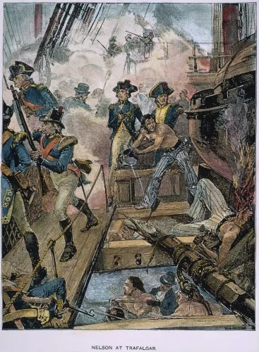 Horatio Nelson (1758-1805) Oficial naval nbritánico Onborad Hms Victoria en la batalla de Trafalgar 21 de octubre de 1805 Grabado de línea Póster
