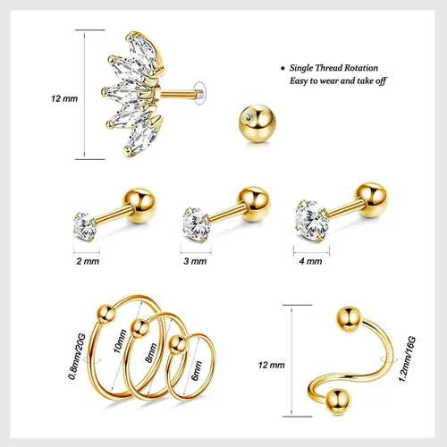 Miniatura 3 de UBOORY Aretes de cartílago, aretes hipoalergénicos, joyería de piercing para tragus, aretes de daith, aretes de hélice, joyería de piercing