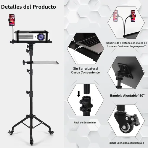 Miniatura 6 de Tossbiss Trípode para laptop con ruedas con 2 estantes, soporte de suelo para proyector portátil, altura ajustable de 25.9 a 51.8 pulgadas