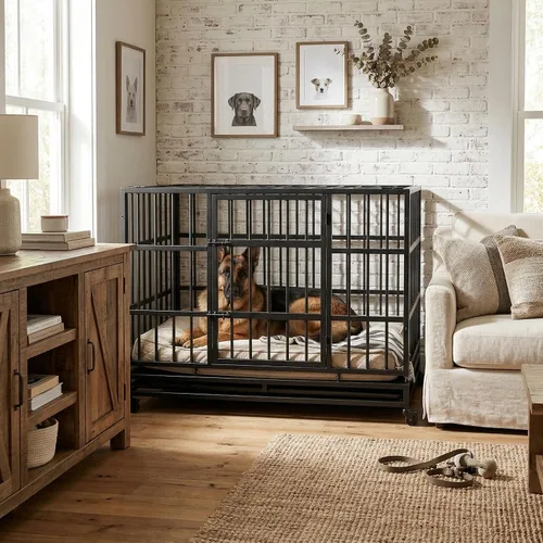 Miniatura 6 de Jaula plegable indestructible para perros con ruedas, jaula de metal resistente a prueba de escapes de 48 pulgadas para perros grandes y medianos