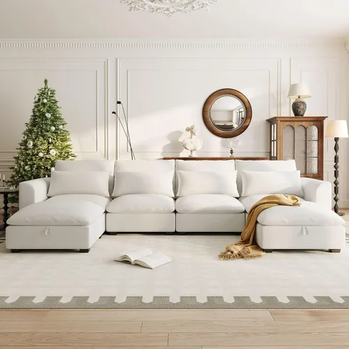 Miniatura 12 de Sofá modular de gran tamaño, moderno en forma de U, tapizado en pana suave con una tumbona para sala de estar