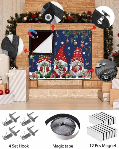 Miniatura 42 de Cubierta magnética azul para chimenea, detiene la pérdida de calor, pantalla de chimenea para interiores, bolas de gnomos de Navidad, árbol de copo