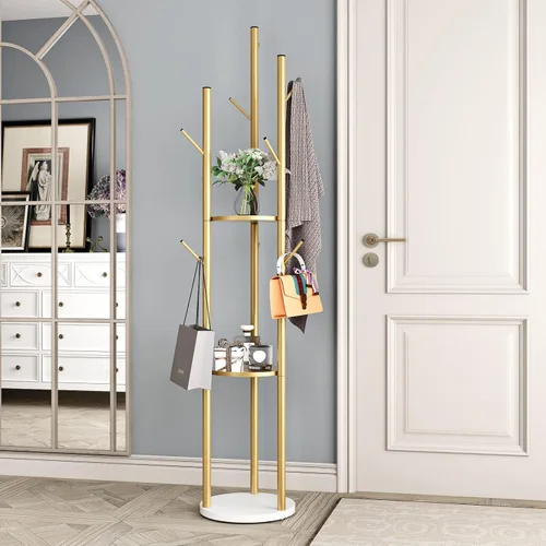 Miniatura 7 de DOORXIFO Perchero dorado con base blanca, estante de entrada independiente con 3 ganchos, perchero en forma de L para chaquetas, sombreros, ropa