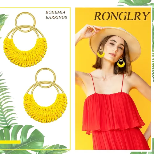 Miniatura 4 de Ronglry Aretes bohemios de ratán de rafia para mujeres y niñas, ligeros, hechos a mano, de mimbre trenzado, grandes, divertidos, modernos, regalos