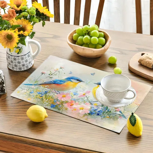Miniatura 2 de Juego de 4 manteles individuales con diseño de pájaros, acuarela, lavables, para el hogar, fiesta, cocina, interior y exterior, restaurantes, 4