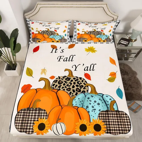 Miniatura 8 de Manfei Sábana bajera ajustable de otoño, tamaño individual, hojas de calabaza, dibujos animados, arcoíris, zorro, oso, ciervo, juego de ropa de cama