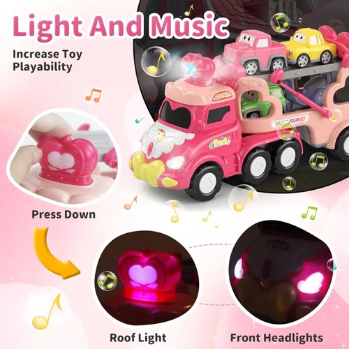 Miniatura 4 de usrela Juguetes para niñas de 2 a 3 años, camión de transporte 7 en 1 con luz y música, juguetes para niñas de 2 a 4 años, 3 a 5 años, camiones