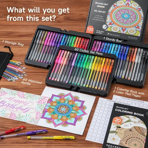 Miniatura 2 de Shuttle Art Bolígrafos de gel, paquete de 120 bolígrafos de gel empaquetados en caja resistente, 60 colores únicos con 60 recambios para adultos, 60