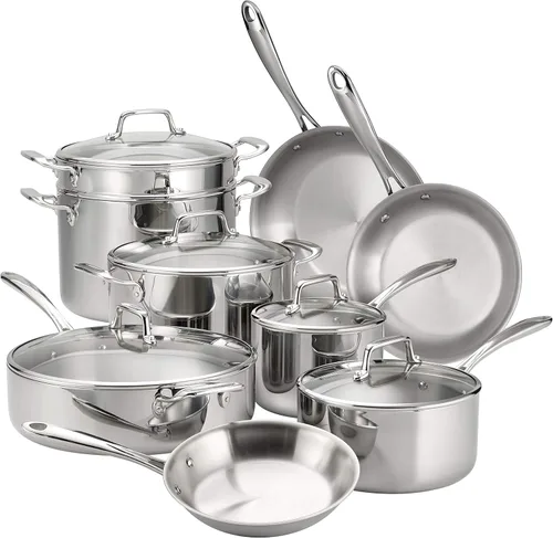 Tramontina Tri-Ply Clad - Juego de utensilios de cocina de acero inoxidable de 14 piezas con tapas de vidrio, ollas y sartenes, listo para