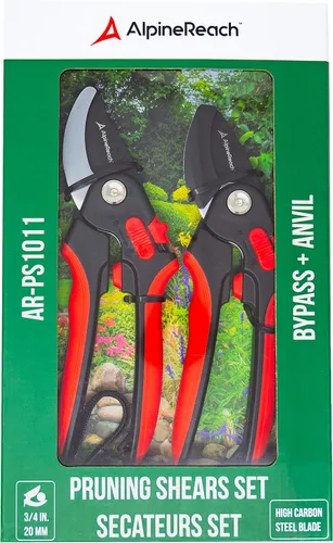 AlpineReach Juego de tijeras de podar de derivación y yunque para jardinería, podadoras ergonómicas afiladas, mango suave ajustable para manos