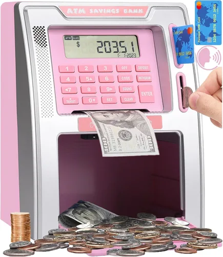 Miniatura 8 de Fishboy Caja de ahorros parlante estilo cajero automático para niños con dos tarjetas de débito, memoria de apagado, cajón de apertura automática