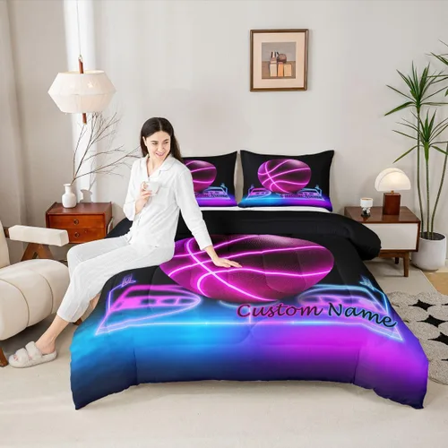 Miniatura 2 de Erosebridal Juego de ropa de cama de baloncesto rosa tamaño matrimonial para niños y niñas, juego de edredón con temática deportiva, edredón