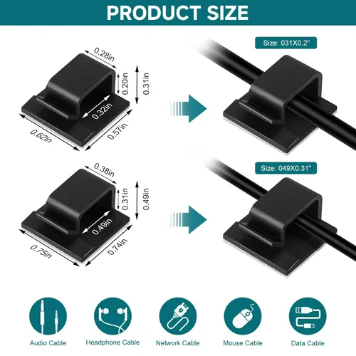 Miniatura 6 de 63 unidades de organizador de cables negros, clips adhesivos para cables, organizador de cables de 032 x 0.2 pulgadas, clips de cable para cables