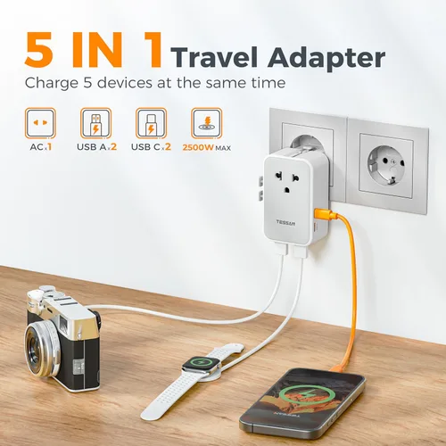 Miniatura 3 de TESSAN Adaptador de viaje universal PD 25W, adaptador de corriente internacional ultrafino, cargador rápido, adaptador de enchufe mundial con 2 USB