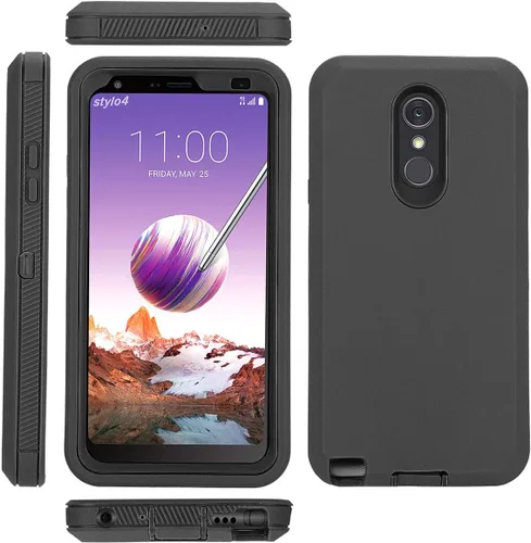 Miniatura 4 de Funda para LG Stylo 4 Plus con protector de pantalla integrado, híbrido de alto impacto resistente resistente a los golpes de cuerpo completo a Negro