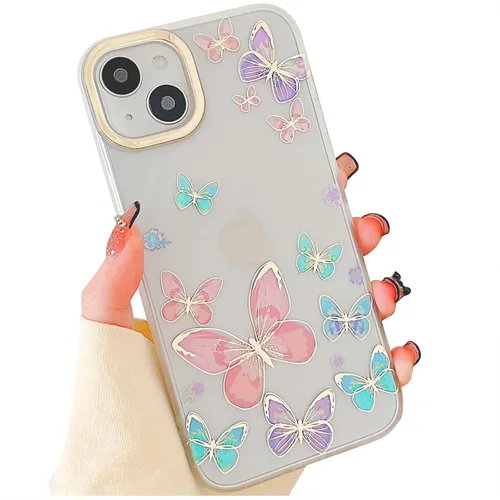 Miniatura 23 de Funda transparente con chispas brillantes para iPhone 15 Pro Max para mujeres y niñas, patrón de mariposas doradas, rosa y azul, funda protectora