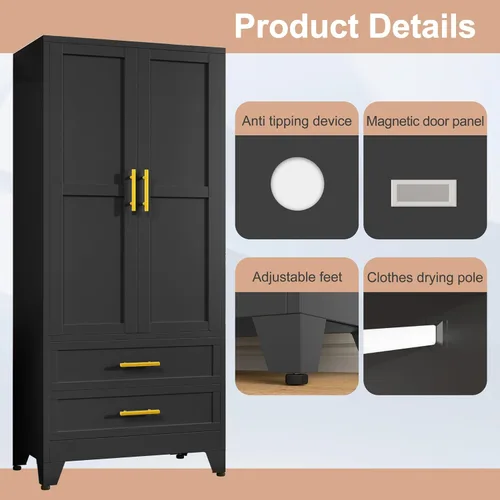 Miniatura 4 de PAOFIN Armario de metal negro de 71 pulgadas, armario de almacenamiento de ropa para dormitorio con 2 cajones y barra para colgar, armario