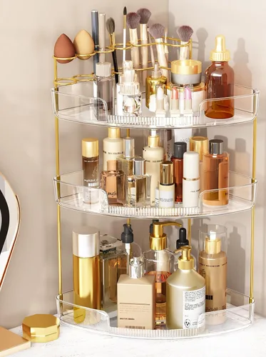Miniatura 11 de FELIZHOUSE Organizador de maquillaje de 2 niveles para tocador y encimera de baño, estante de almacenamiento de acrílico con bandeja de perfume