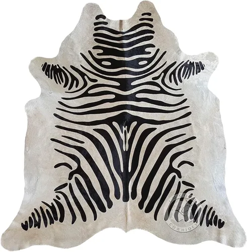 Miniatura 10 de Sunshine Cowhides Alfombra de piel de vaca 100% genuina con estampado de cebra, color beige sobre blanco roto, alfombra de estilo moderno para sala