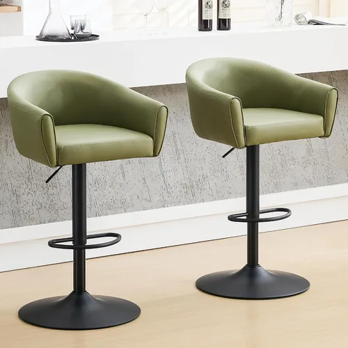 Miniatura 8 de FIRAVOE Juego de 2 taburetes de bar, taburetes de bar giratorios con respaldo y brazos, silla de bar ajustable de piel sintética de 24 a 34