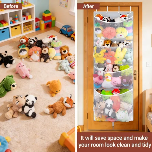 Miniatura 3 de Woodoulogy Almacenamiento de Animales de Peluche Colgantes, Organizador Grande de Juguetes de Felpa Sobre la Puerta con Gancho de Metal, Idea de Gris