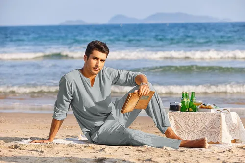 Miniatura 4 de COOFANDY Conjunto de 2 piezas de algodón y lino para hombre, camisa Henley de manga larga y pantalones casuales de playa, trajes de yoga de verano