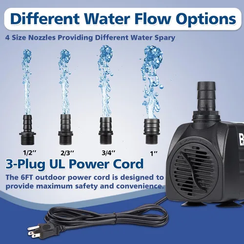 Miniatura 3 de Bomba de agua sumergible de 550 GPH (2000 L/H 30 W), bomba de fuente ajustable ultra silenciosa con 4 boquillas de elevación de 7.2 pies de alto