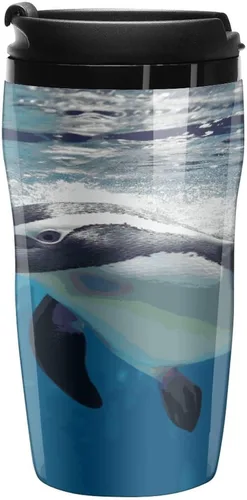 Swimming Penguin Coffee Cup Hot Coffee Travel Mug Reusable Iced Coffee Cups Double Heat Insulation Coffee Mug with Leak-Proof Lid Stylish Travel Cup