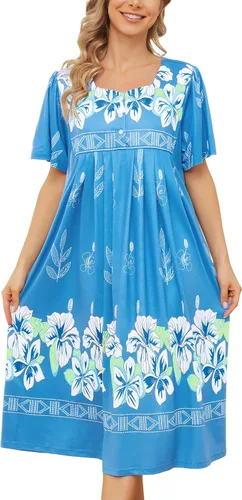 Bloggerlove Camisón hawaiano para mujer, vestido de casa hawaiano Muumuu con estampado de tumbona, vestido de patio con bolsillos Moomoo