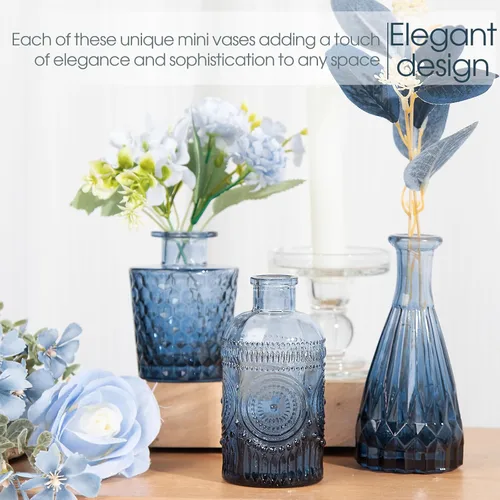 Miniatura 5 de TBWIND 12 piezas de jarrones de vidrio azul para brotes, jarrones pequeños para flores, perfectos para centros de mesa en fiestas, baby showers