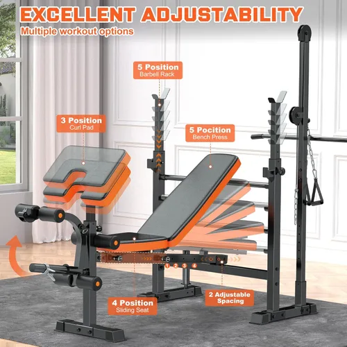 Miniatura 2 de Fostoy 880lbs Weight Bench Set with LAT Pulldow, Bench Press Rack with Leg Extension/Curl and Preacher Curl, 8 in 1 Olympic Weight Benches for Home