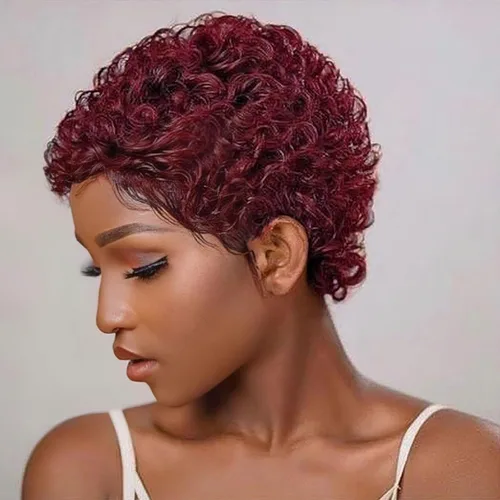 Peluca sin pegamento lista para usar Peluca roja corta rizada de cabello humano para mujeres negras, sin pegamento, peinados rizados kinky de vino