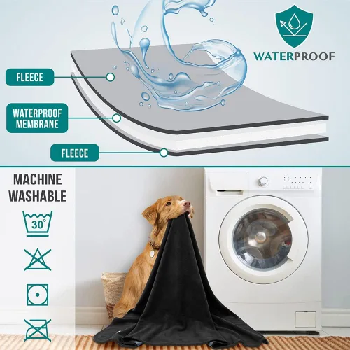 Miniatura 6 de PetAmi Manta Impermeable para Mascotas Cama para Perros Funda de Sofá para Muebles, Reversible Lavable Forro Polar Suave Negro/gris