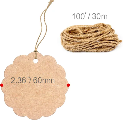 Miniatura 3 de 200 etiquetas de regalo de papel estraza festoneado con cuerda de yute natural de 100 pies para embalaje de manualidades, la etiqueta mide 2.4
