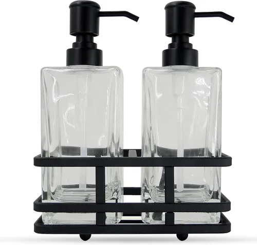 Juego de dispensador de loción y jabón de vidrio cuadrado transparente con bomba y soporte de metal para baño, cocina, hogar, oficina, viaje, hotel,