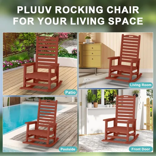 Miniatura 8 de PLUUV Mecedora para exteriores con estribo extraíble para adultos, sillas mecedoras de patio con respaldo alto de HDPE, mecedoras de porche