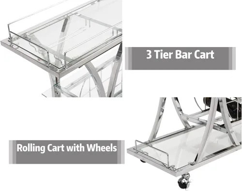 Miniatura 3 de Carritos de barra plateados con soportes de vidrio y estante para vino, carritos de servicio de bar casero de 3 niveles con estantes de vidrio