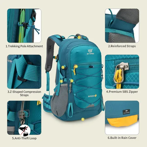 Miniatura 6 de SKYSPER Mochila de senderismo para hombres y mujeres, mochila de viaje ligera de 35 L, mochila de campamento al aire libre con múltiples Verde