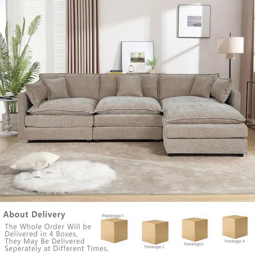 Miniatura 5 de Setawix Sofá Profundo de 3 Plazas con Otomana, Sofás de Nube en Forma de L de 112.2" para Sala de Estar, Sofá de Nube de Chenilla con Asiento Café