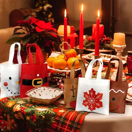 Miniatura 6 de FHzytg Paquete de 20 bolsas de regalo de Navidad, bolsas de favor de fiesta de Navidad con estampado de hombre de jengibre, muñeco de nieve, reno