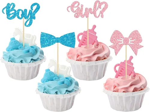 Miniatura 11 de Gyufise 24 piezas de decoración de cupcakes para niños o niñas, tutús para retoque de género, decoración de rugby para fiesta de revelación