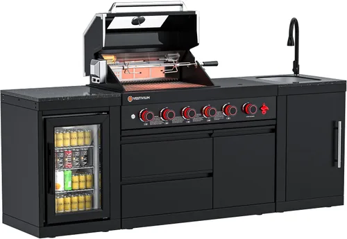 Miniatura 9 de Isla de cocina modular para exteriores, 4 parrillas de gas natural y quemador lateral, estación de barbacoa de 75300 BTU con refrigerador