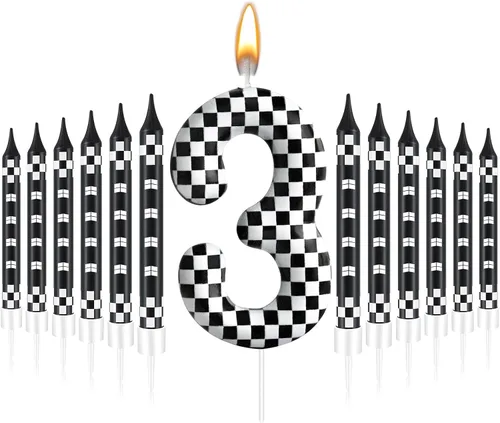 Miniatura 22 de 13 piezas de velas temáticas de coches de carreras para cumpleaños en negro y blanco con número de carrera 1 a cuadros, velas para tarta de coche
