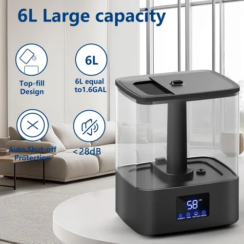 Miniatura 4 de KZF Humidificadores de llenado superior de 4 L para dormitorio y tiempo de funcionamiento de 60 horas, humidificador de niebla fría, 3 niveles