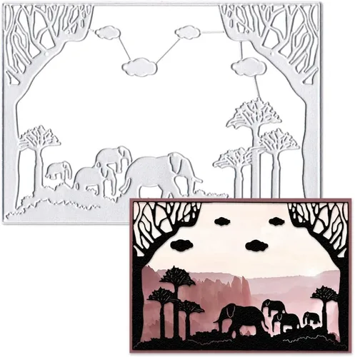 Miniatura 6 de Troqueles de corte de fondo de elefantes, animales, marco de fondo, troqueles para hacer tarjetas, fondo de árboles, troquelado, plantilla