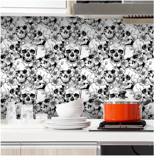 Papel tapiz con diseño floral de calavera de azúcar, color negro y blanco, impermeable, grueso, para decoración de dormitorio, 17.3 x 9.8 pies