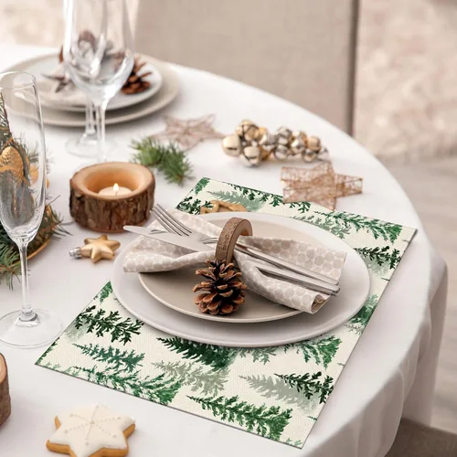 Miniatura 6 de Juego de 4 manteles individuales de Navidad de 12 x 18 pulgadas, con diseño de árboles de pino verde con la frase "Merry Christmas", resistentes al