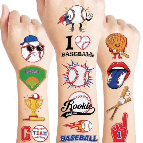 120 tatuajes temporales precortados para deportes de béisbol para niños | Recuerdos de fiesta de cumpleaños con temática de béisbol súper lindos,
