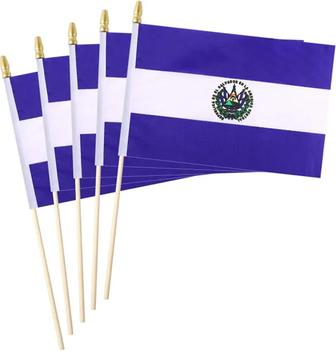 Paquete de 5 mini banderas de mano de madera de El Salvador, adecuadas para varias fiestas de vacaciones, Copa del Mundo, Día Nacional y Día de la